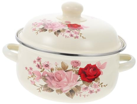 iplusmile Olla Esmaltada Para Estofado y Sopa Doméstica De 18 Cm, Dos Asas, Material Resistente Al Desgaste, Diseño Vintage Portátil, Olla Multifunción Para Cocina Diaria Tapa