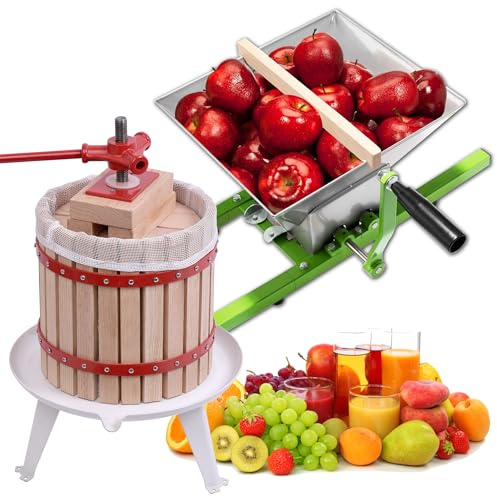QEENTOE 12L Obstpresse + 7L Obstmühle Set Manuelle Saftpresse Beerenpresse Obstmühle mit Handkurbel von Saft Wein und Maische Weinpresse inkl. Presstuch Druckplatte für Saft & Gemüse