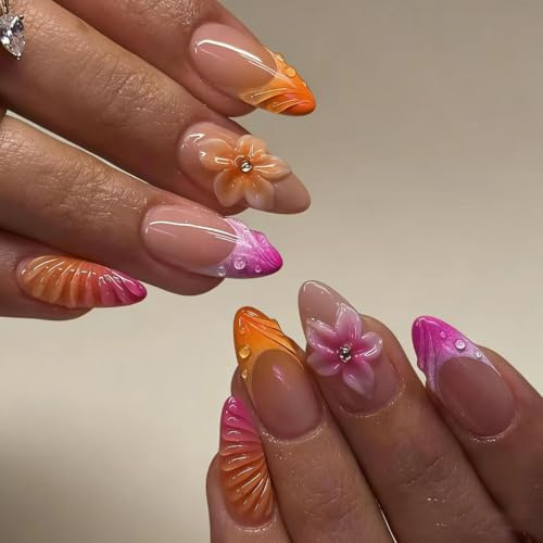 MouyouGlow Press on Nails Corto, Gradiente de Almendra Violeta French 3D Flores Floral Estrella de Mar Diamante Rayas Diseño Almendra Y2k Fake Nails con Pegamento para Uñas, Flores Ombre Verano Uñas
