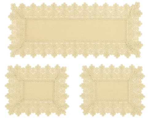 Corredocasa centrino Striscia tovaglia tovaglietta da Tavolo Cucina Soggiorno Comodino di Bellezza con Macrame Pizzo Ricamato ai Lati (Disegno 1 Beige, Set 3 Pezzi (39x87cm + 2pz 32x44cm))
