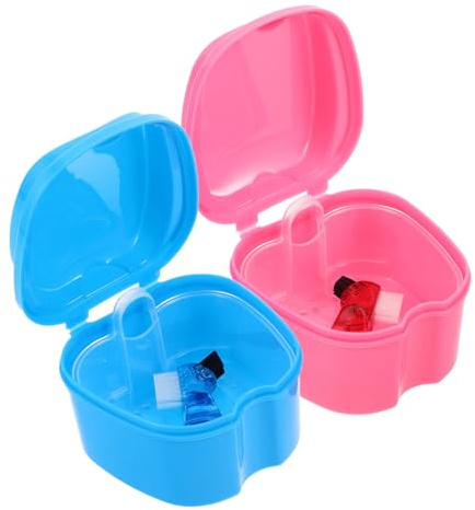 WRITWAA Trousse Pour Prothèses Dentaires 2 Pièces Avec Brosse à Dents Bleue Et Rose, Boîte De Rangement Pomme Bleu Clair, Portable, Nettoyage Et Entretien Des Fausses Dents à Domicile Voyage