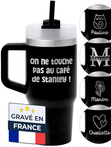 KDO MAGIC Mug isotherme Personnalisé Acier inoxydable 400ml (Noir) | Idée cadeau pour noël, collègue, maman | Tasse thermique double paroi | Paille fournie | Gobelet personnalisable gravé