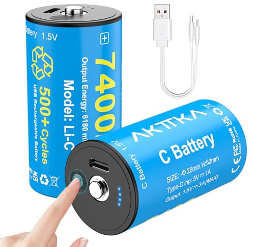 AKTTKA 2 PACK Rechargeable C LED Type Lithium Batteries 1.5V 7400mWh, High-Capacity C Batteries with USB-C Charging Cable, Low Self-Discharge LED