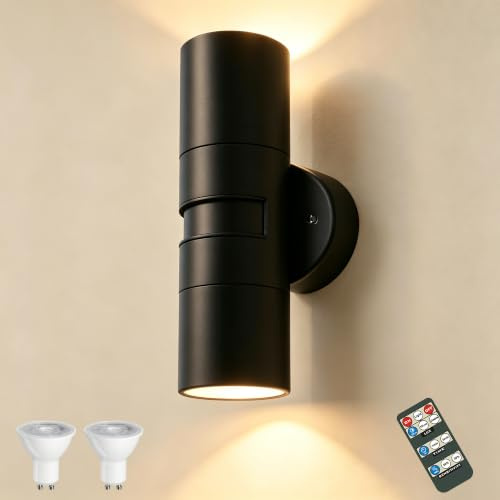 YOVGQOLV Remote Control Motion Sensor Outdoor Wall Lights IP65 GU10 | Up Down Outside Lights Mains Powered Stainless Steel Waterproof with 2×5W 3000K GU10 Bulbs Front Door Light Porch,Black