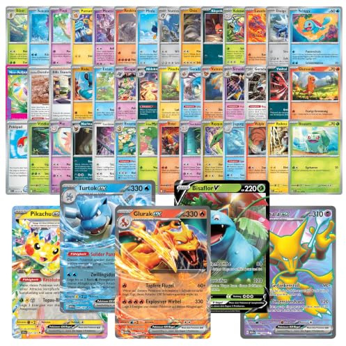 Pokemon Karten Deutsch - 50 Originale Karten mit 5 Holo und Seltenen Karten + 1x EX/V oder FullArt + inkl. 1 von 5 DrisoCard Versandschutz/Sammeldeckbox Designs
