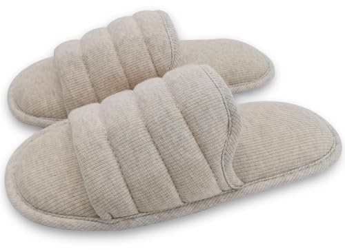 ofoot Chaussons Hommes d'été Plats Coton Bout Ouvert Respirant,Sandales Mousse à Mémoire Forme Maison(Beige,EU 45-46)