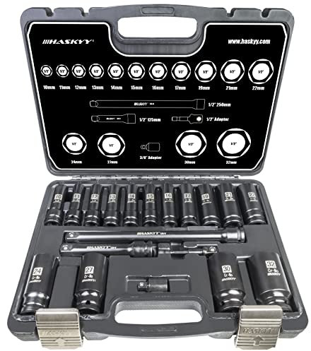 HASKYY 19-tlg. Kraft Schlagschrauber Satz I Schlagschrauber-Nüsse I Sechskant Nüsse 10-32mm I Steckschlüssel Schlagnüsse Satz mit 1/2 Aufnahme