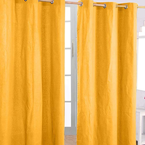 HOMESCAPES Mustard Yellow Eyelet Curtain Pair 137cm (54) Wide x 228cm (90) Drop Plain Heavy Unlined Curtains