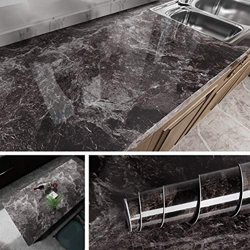 Livelynine 40CMx5M Kitchen Worktop Covering Peel and Stick Wallpaper Self Adhesive Sticky Black Plastic Roll Marble Contact Paper for Countertops Furniture Cupboard Table Vinyl Stickers Counter Wrap