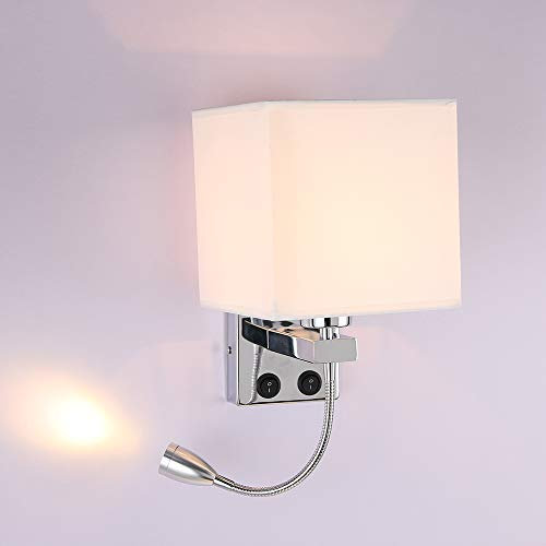 ALLOMN Bedside Wall Light, LED Reading Wall Lamp Modern Polished Chrome Walls Sconce with Adjustable Gooseneck Spotlight, Double Switches with USB Port to Charge E27 (One Light, No USB, 1 PCS)