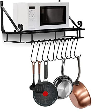 Ejoyous Wall Mount Pot Pan Rack, 45CM Saucepan Hanging Rack Multifunctional Utensils Holder Shelf Metal Cookware Organiser with 10 Hooks, Black