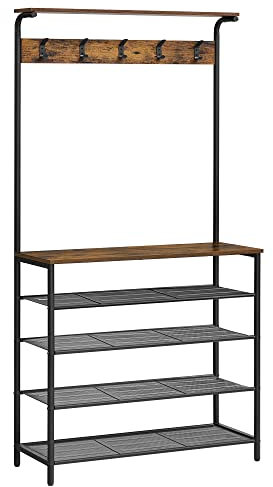 VASAGLE Garderobenständer, Kleiderständer, Schuhregal, Garderobe mit 5 Doppelhaken, 5 Ebenen, eine Ablage Oben, für Wohnungen, Schlafzimmer, Flur, Industrie-Design, vintagebraun-schwarz HSR408B01
