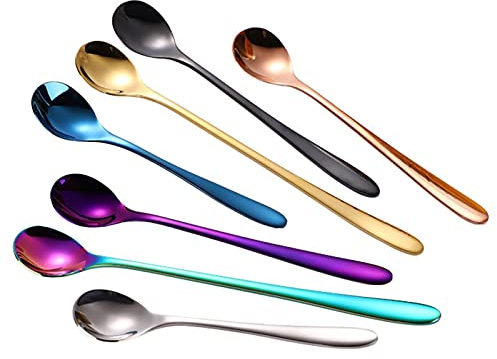 7 cucharas de latte, cucharas de mango largo, cucharas de café de acero inoxidable, cucharilla de té, ideal para café con leche, café espresso, chocolate caliente, bebidas calientes, postre y hielo
