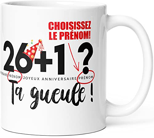 Mug Personnalisable Anniversaire 27 ans + Prénom Humour Tasse Message Drôle Personnalisé. Idée Cadeau Original Rigolo pour Homme Femme Ami Collègue Copain Copine pour Anniversaire Vingt-Sept ans.