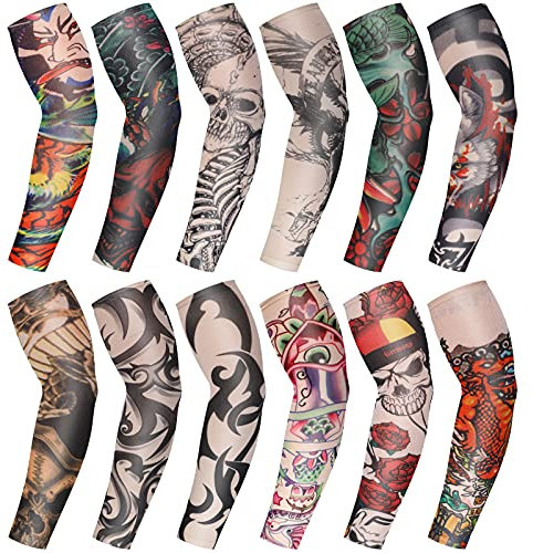 Geyoga 12 Pcs Tattoo Sleeves Fake Arm Sleeves Cover Realistic Soft Elasticity UV Protection for Men Women Working(Plus Size)