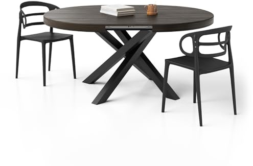 MOBILI FIVER, Runder ausziehbarer Tisch Emma, 120-160 cm, Nussbaum Dunkel mit gekreuzten Schwarzen Beinen, Made In Italy