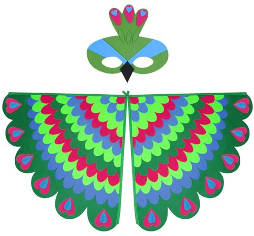 URAQT Felt Bird Capes Wings, Kids Bird Wings Costume Set with Felt Eye Mask, Adjustable Fairy Bird Fancy Dress Up Peacock Flamingo Cape Costume for Theme Party Carnival Halloween Cosplay (Green)