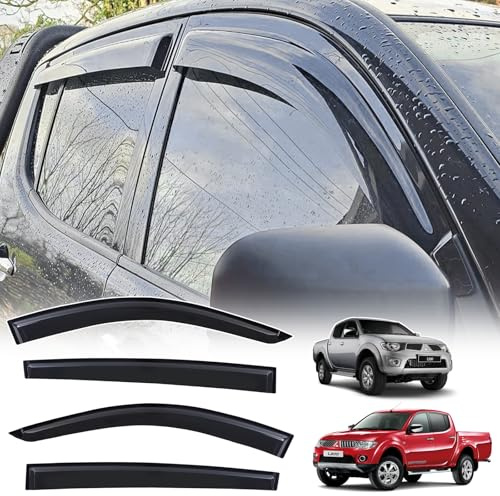 Wind Deflectors for Mitsubishi L200 Triton 2006-2015 Double Cab | Premium Smoke Black External Stick-on Car Window Rain Guards Sun Shield Covers, Pickup Truck Aftermarket Accessories Parts