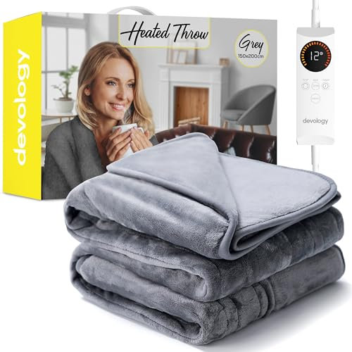 Devology Heated Throw - Electric Blanket - Digital Controller - Timer up to 12 hours, 6 Heat Settings, Auto Shutoff - Machine Washable - Double 150x200cm - Grey