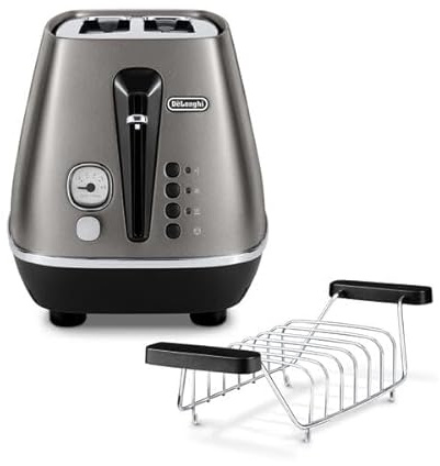 De'Longhi CTIN2103.TB Distinta Titanium Toaster, 6 Röststufen, Brötchenaufsatz, modernes Titan-Finish, kompakt und stilvoll
