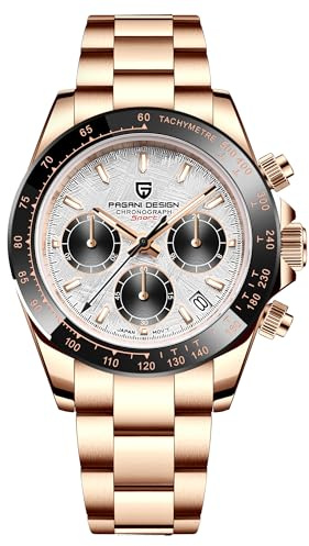 Pagani Design Herren Quarzuhr mit einfachem Chronographencode, wasserdicht, Keramik und Edelstahl（Weißgold GY）