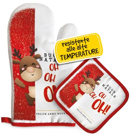 Set Guanto Forno e Presina Natalizia, Idee Regalo Natale Donna, Mamma e Nonna, Utili ed Originali per la Casa e Cucina, Personalizzati Con Illustrazione Originale Renna Oh Oh Oh