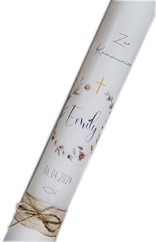 KOMMUNIONKERZE TAUFKERZE KONFIRMATIONKERZE Blumen Kranz - für Mädchen und Jungen | beschriftet mit Namen und Datum (30x6)