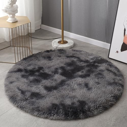 HARESLE Dark Grey Round Rug 90cm Fluffy Circle Rugs for Living Room | 4cm long pile, Washable, Anti-slip, Round shape, for bedroom, kids room, nursery, lounge