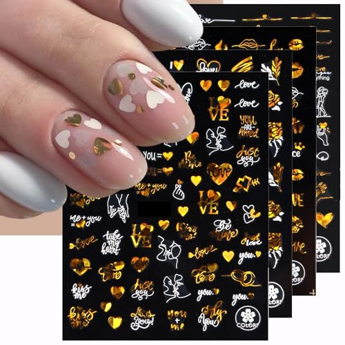 8 Blätter Nagelsticker Valentinstag Herz Nagelaufkleber Selbstklebend Bronzing Laser Weiß Gold Rose Herzen Amor Nagel Sticker Valentine's Day Nail Art Stickers Valentine Heart Nail Sticker Nageldesign