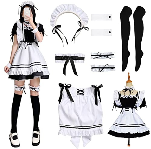 YushengTai Maid Dress, costume da cosplay anime, classico abito bianco e nero, francese, con fascia, costume di Natale, Halloween, cosplay, taglia XL