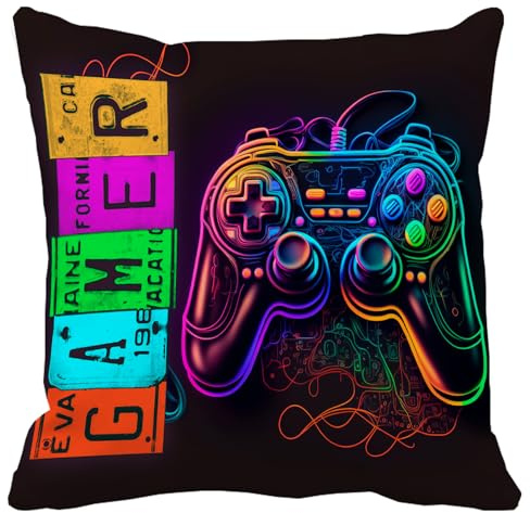 Leaveland Neon Video Game Controller 18x18 Inch Throw Pillow Cover Luminous Gaming Decorative Soft Square Cushion Case Playroom Teen Boy Son Gamer Party Decor Christmas Day Gift Accent Pillowcase Sham