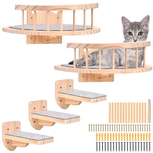 Väggmonterad katthängmatta, 2 st katthyllor och kattabborre för vägg, katt-vägg-möbler med 3 katt-väggsteg, massiv trä-katt-hängmatta med plysch täckt för klättring sömn lek