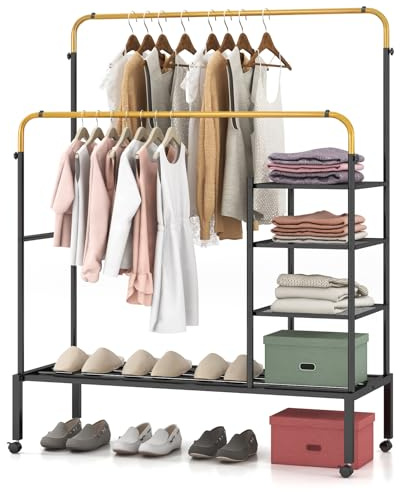 COSTWAY Kleiderständer auf Rollen mit 2 Kleiderstangen, Garderobenständer höhenverstellbar mit 3 Lagen Seitenablagen & Schuhregal, Mantelständer Metall 100kg Tragkraft, 135 x 54 x 170cm (Gold)