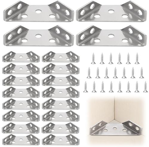 Boutihao 20 Pezzi Staffe Angolari in Acciaio Inossidabile, Connettore Angolare Universale per Mobili, Connettore per Mobili con Viti, Telaio di Supporto Triangolare, per Sedie Librerie Finestre Porte