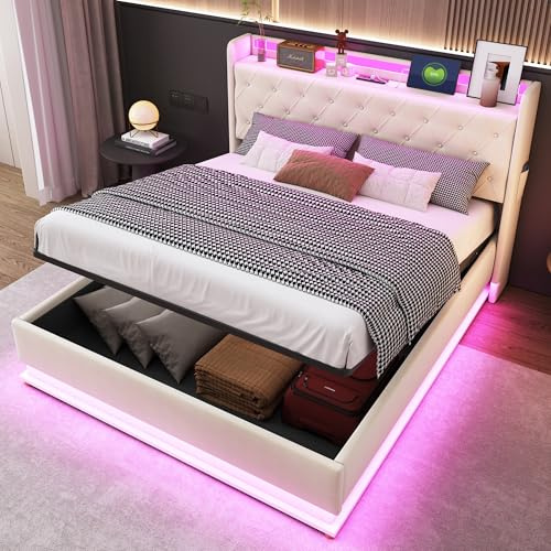 Polsterbett Doppelbett 160x200 cm, mit LED-Beleuchtung, USB-Ladefunktion | Hydraulischesm Stauraum, Kopfteil mit Regal, Jugendbett Erwachsenenbett, mit Lattenrost, Leinen, Beige, ohne Matratze