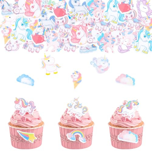 DazzJoy 80 Stück Einhorn Tortendeko Essbar,Esspapier Tortendeko,Essbare Einhorn Kuchendeko Mädchen,Einhorne Muffin Deko Essbar,Unicorn Cupcake Topper Mädchen,Unicorn Deko Torte für Geburtstag Party