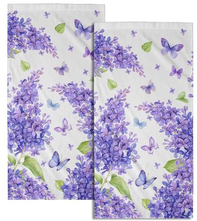 Giwawa Set di 2 asciugamani da cucina con fiori viola lilla e farfalle, asciugamani da cucina con fiori di lavanda, asciugamani da bagno morbidi per gli ospiti, per casale, cabina bagno