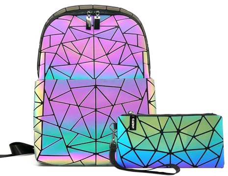 CAFINY Sac à dos pour ordinateur portable féminin géométrique, sac à main géométrique lumineux, sac de voyage holographique, ensemble de portefeuilles à poignet-B