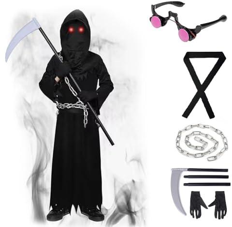 Lotvic Costume da Grim Reaper Bambino, Mietitore Costume Morte Bambino, Falce, Catene, Guanti, Maschera Halloween