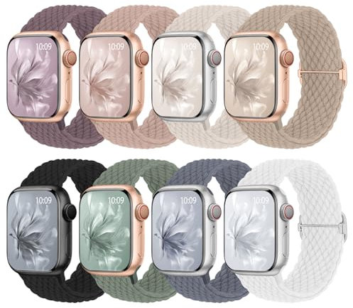 8 Stück Geflochtenes Armband Kompatibel mit Apple Watch 38mm 40mm 41mm 42mm 44mm 45mm 46mm, Elastisches Nylon Stoff Band für Apple Watch 11 10 9 SE 8 7 6 5 4 3 2 1