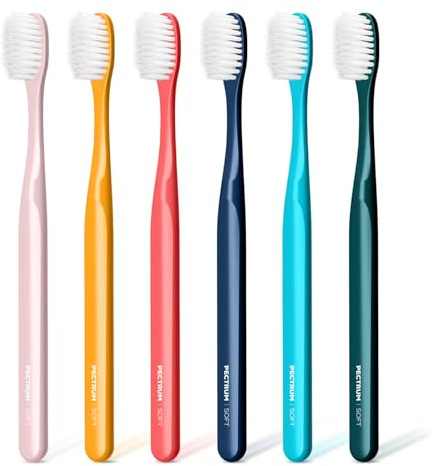 PECTRUS Medium Manual Toothbrush Pack, 6 Count, Deep Cleaning Flossing Toothbrushes for Sensitive Teeth & Receding Gums, Tapered Bristles for Adults & Elders, Help Plaque Removal, Assorted Colors