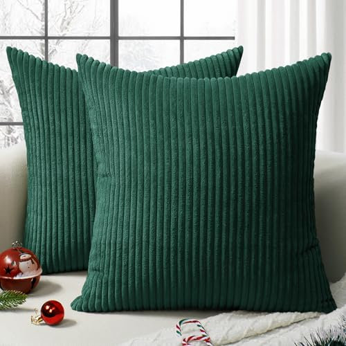 Softalker Kissenbezug Weihnachten dunkle grün 40x40 2er Set Cord Sofakissen Couchkissen Dekokissen Kissenbezüge Kissenhüllen mit Streifenmuster Weihnachts Deko für Wohnzimmer Schlafzimmer Sofa