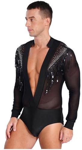 TiaoBug Herren Latein Body Langarm Hemd mit Tiefer V Ausschnitt Ballettanzug Transparent Ballett Trikot Pailletten Quaste Gymnastik Leotard Glänzend Kostüm Schwarz XXL