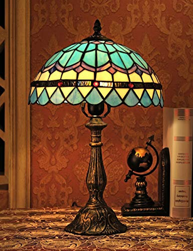 Faucet 12-inch Vintage Pastoral Mediterranean Blue Feather Stained Glass Table lamp Bedroom lamp Bedside lamp water-tap
