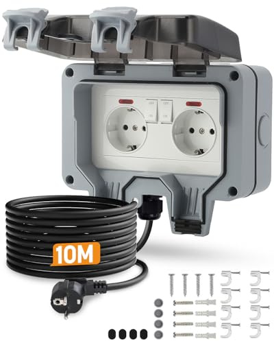 Außensteckdose Wasserdicht mit 10M Kabel, IP66 Steckdose 2 Fach Outdoor 16A Gartensteckdose mit Klappdeckel, Schalter Kontrollleuchte, für Garten Garage Wäscherei Außenbereich