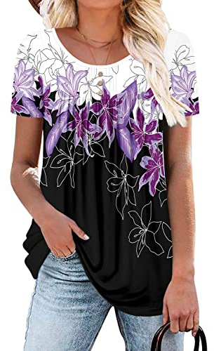 CHICZONE Women's Short Sleeve Round Neck T-Shirts Henley Tunic Tops Casual Blouse PurpleLily