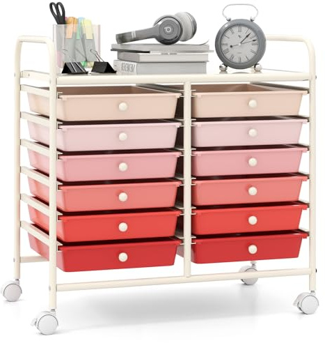 GIANTEX Rollwagen mit 12 stapelbaren Schubladen, Schubladenwagen mit Rollen & Arbeitsplatte, Badrollwagen für Wohnzimmer, Küchen, Schlafzimmer & Büros, 64 x 38 x 62 cm (Rot + Pink)