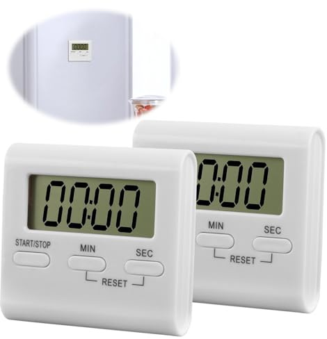 2 Stück Digitaler Küchentimer, Kurzzeitmesser mit Großem LCD Display und Magnet, Küchenuhr mit Countdown-Funktion für Kochen, Lernen, Sport, Hausaufgaben, Weiß 5.6×5.4×1.4cm