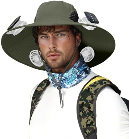 Sombrero de pescador para hombre, sombrero de pesca, sombrero de senderismo, sombrero de safari con ventilador de carga solar, protección UV UPF 50+, verano, ala grande, plegable, transpirable, para