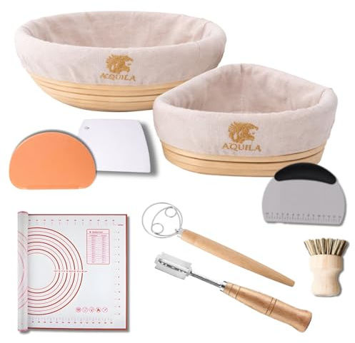 10-Pieces Bread Proofing Basket Set, 10-Inch Round 7 Inch Banneton Proving Basket with Cloth Liners–Rattan Sourdough Kit, SS Scraper, Silicone mat, Bread lame,Dough Whisk, Brush & Accessories